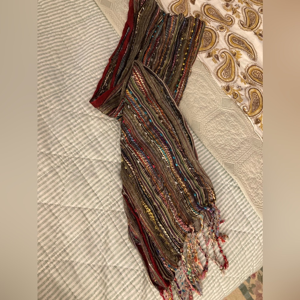 Gorgeous Hand Woven Scarf Light Weight Cotton Silk & Metallic Thread 12” Wx 72”L